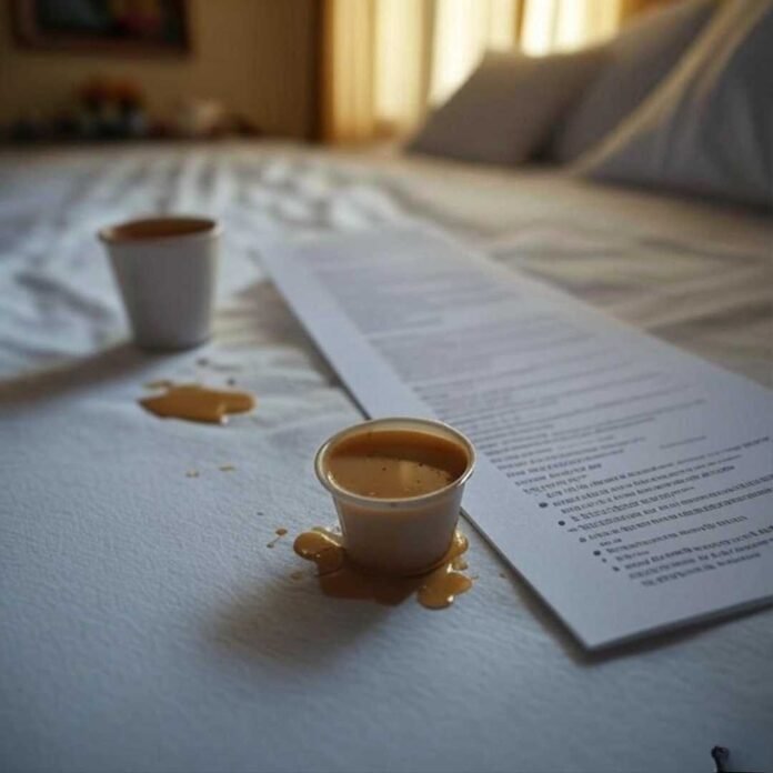 "Checklist and chai spill in Indian bedroom chaos."