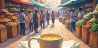 Steaming turmeric tea, tissues, market, flip-flop chaos.