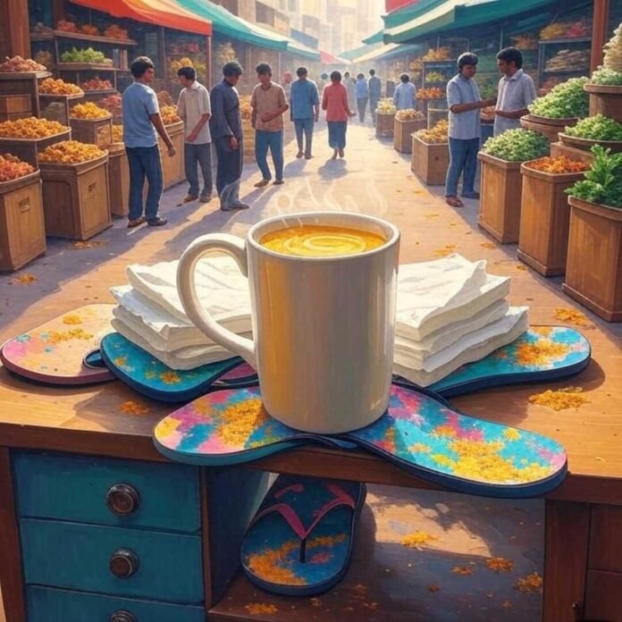 Steaming turmeric tea, tissues, market, flip-flop chaos.