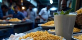 Messy chaat, lassi, crumpled napkin at Mumbai stall.