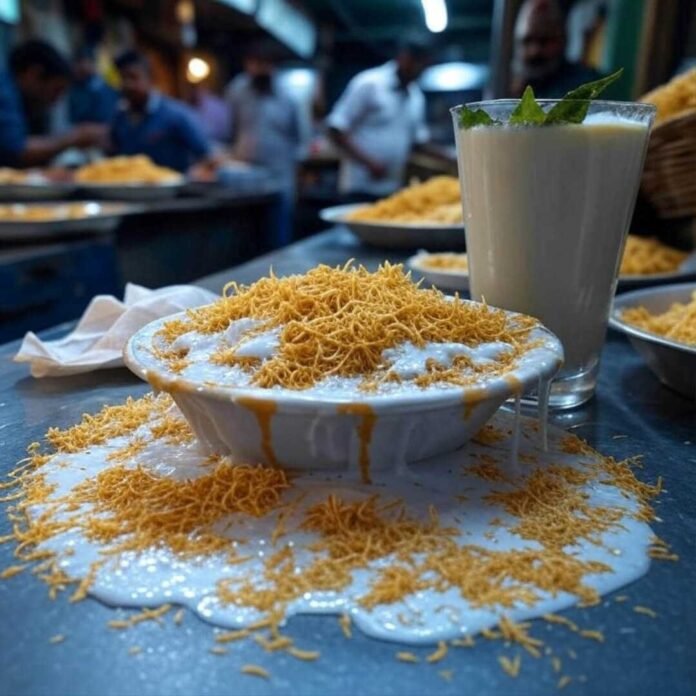 Messy chaat, lassi, crumpled napkin at Mumbai stall. Messy chaat, lassi, crumpled napkin at Mumbai stall.