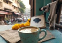 The Perfect Morning Routine for a Healthier Life Chipped chai cup, cluttered balcony, journal, sock.