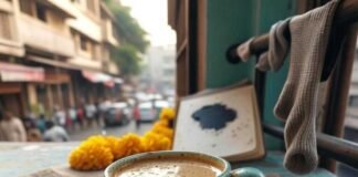 Chipped chai cup, cluttered balcony, journal, sock.