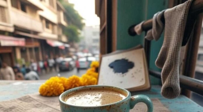 The Perfect Morning Routine for a Healthier Life Chipped chai cup, cluttered balcony, journal, sock.