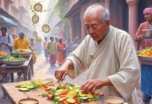 Daily Habits of the Healthiest People in the World Spilled chai, yoga mat, elder slicing veggies, impressionistic painting.