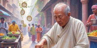 Spilled chai, yoga mat, elder slicing veggies, impressionistic painting.