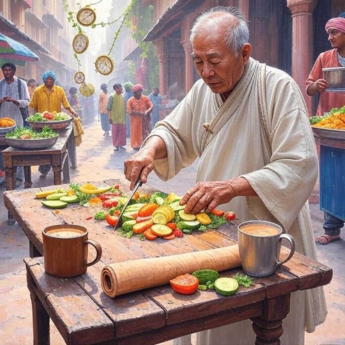 Spilled chai, yoga mat, elder slicing veggies, impressionistic painting. Spilled chai, yoga mat, elder slicing veggies, impressionistic painting.