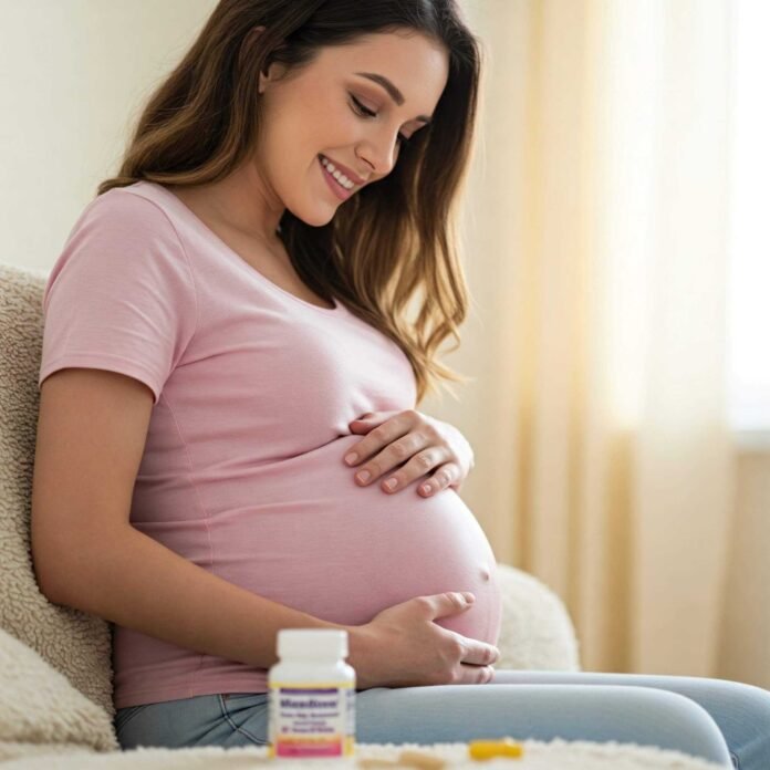 Pregnant woman with prenatal vitamins. Pregnant woman with prenatal vitamins.