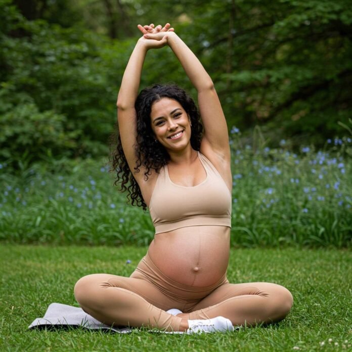 Pregnant woman stretching in park. Pregnant woman stretching in park.