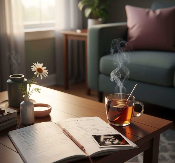 Fertility notebook, tea, and daisy in a cozy Ohio apartment Fertility notebook, tea, and daisy in a cozy Ohio apartment