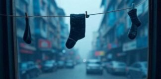 Cluttered desk, half-empty mug, sock on clothesline.