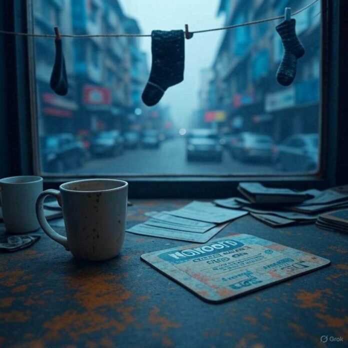 Cluttered desk, half-empty mug, sock on clothesline. Cluttered desk, half-empty mug, sock on clothesline.