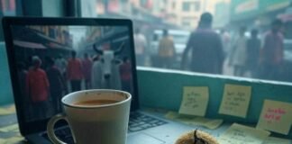 Top Stress-Relief Techniques for Men in High-Stress Jobs Chaotic desk with chai, stress ball, sticky notes.