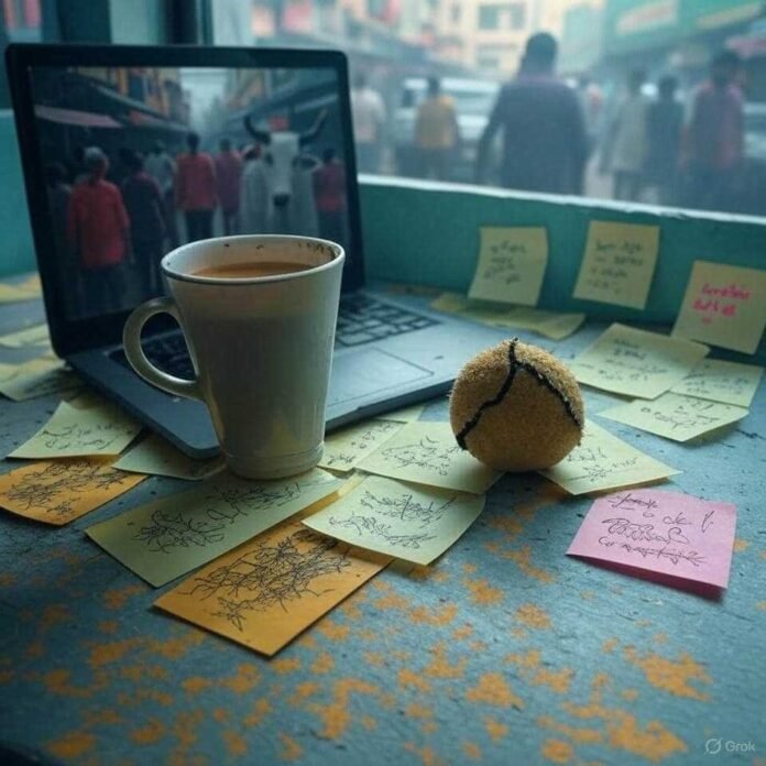 Chaotic desk with chai, stress ball, sticky notes. Chaotic desk with chai, stress ball, sticky notes.