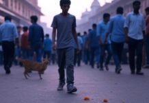 What Happens to Your Body When You Walk 30 Minutes a Day Guy walking Mumbai street, scuffed shoes, cat, flowers.