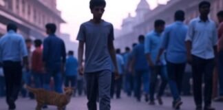 Guy walking Mumbai street, scuffed shoes, cat, flowers.