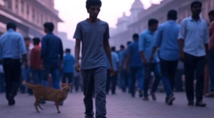 What Happens to Your Body When You Walk 30 Minutes a Day Guy walking Mumbai street, scuffed shoes, cat, flowers.