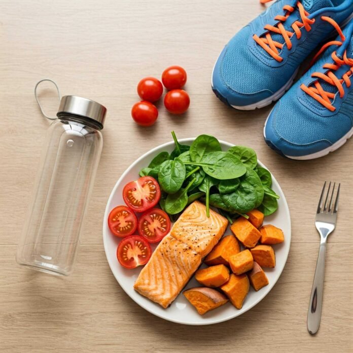 Healthy meal and fitness gear