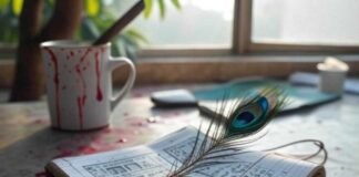 Spilled hibiscus tea, notebook, peacock feather, yoga mat.