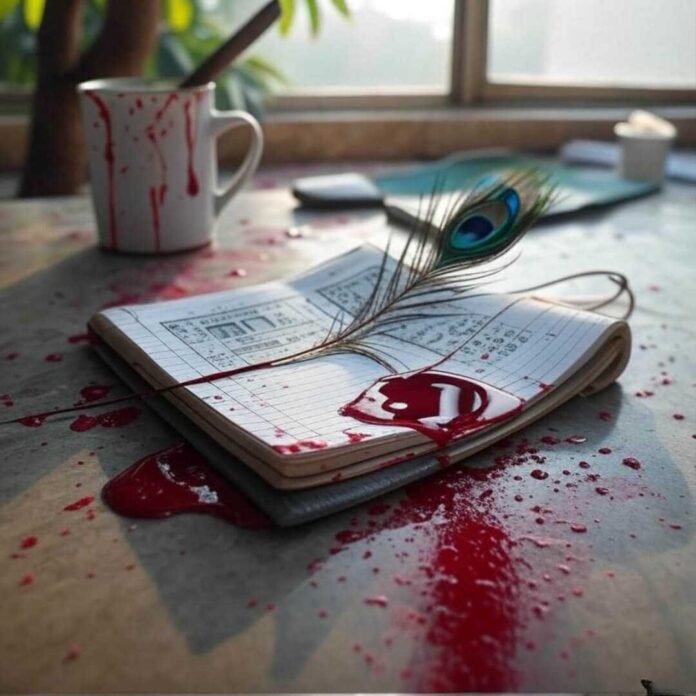 Spilled hibiscus tea, notebook, peacock feather, yoga mat. Spilled hibiscus tea, notebook, peacock feather, yoga mat.