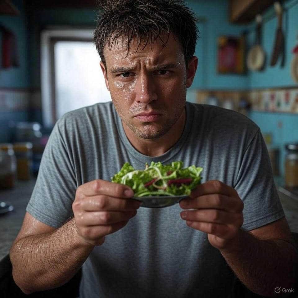 Sweaty dude with tiny salad in cramped kitchen.