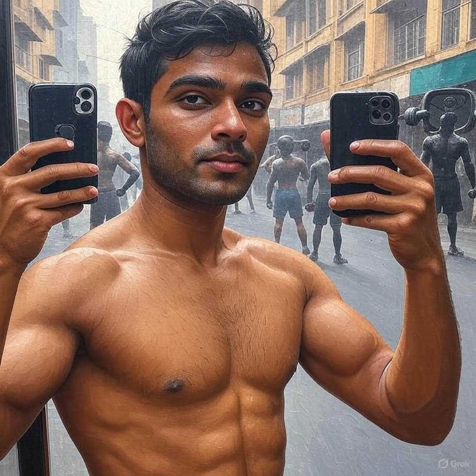 Mirror selfie series, muscle gains, Mumbai streets reflected.