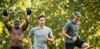 40s and 50s engaged in various fitness activities.