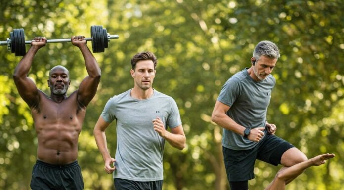 The Ultimate Fitness Plan for Men Over 40 40s and 50s engaged in various fitness activities.