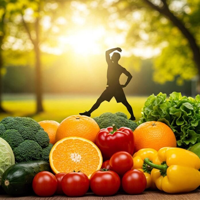 Vibrant produce and active silhouette.