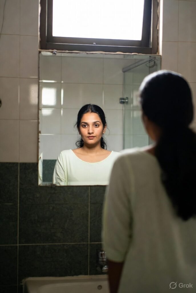Woman in bathroom, mirror reflection, soft lighting.