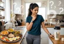 woman comparing protein meal and shake in kitchen.