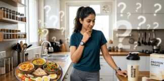woman comparing protein meal and shake in kitchen.
