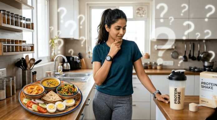 woman comparing protein meal and shake in kitchen.