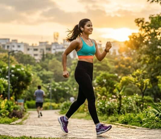 woman walking briskly in a sunny green park.