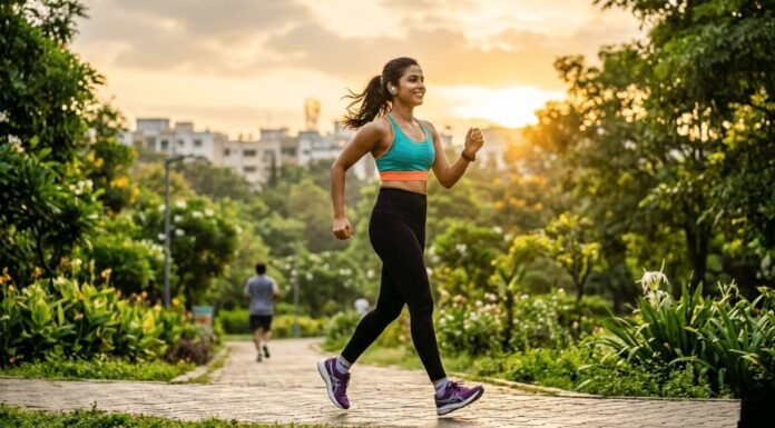 woman walking briskly in a sunny green park.