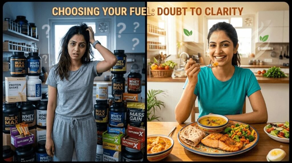 Before-and-after comparison of a woman trying supplements vs. whole foods.