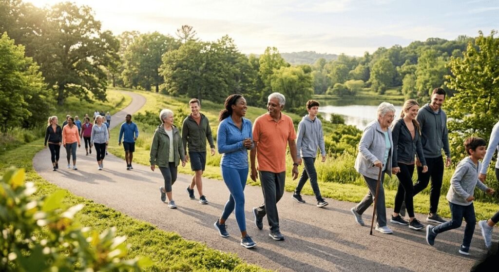 A group of diverse people walk happily along a scenic park path.